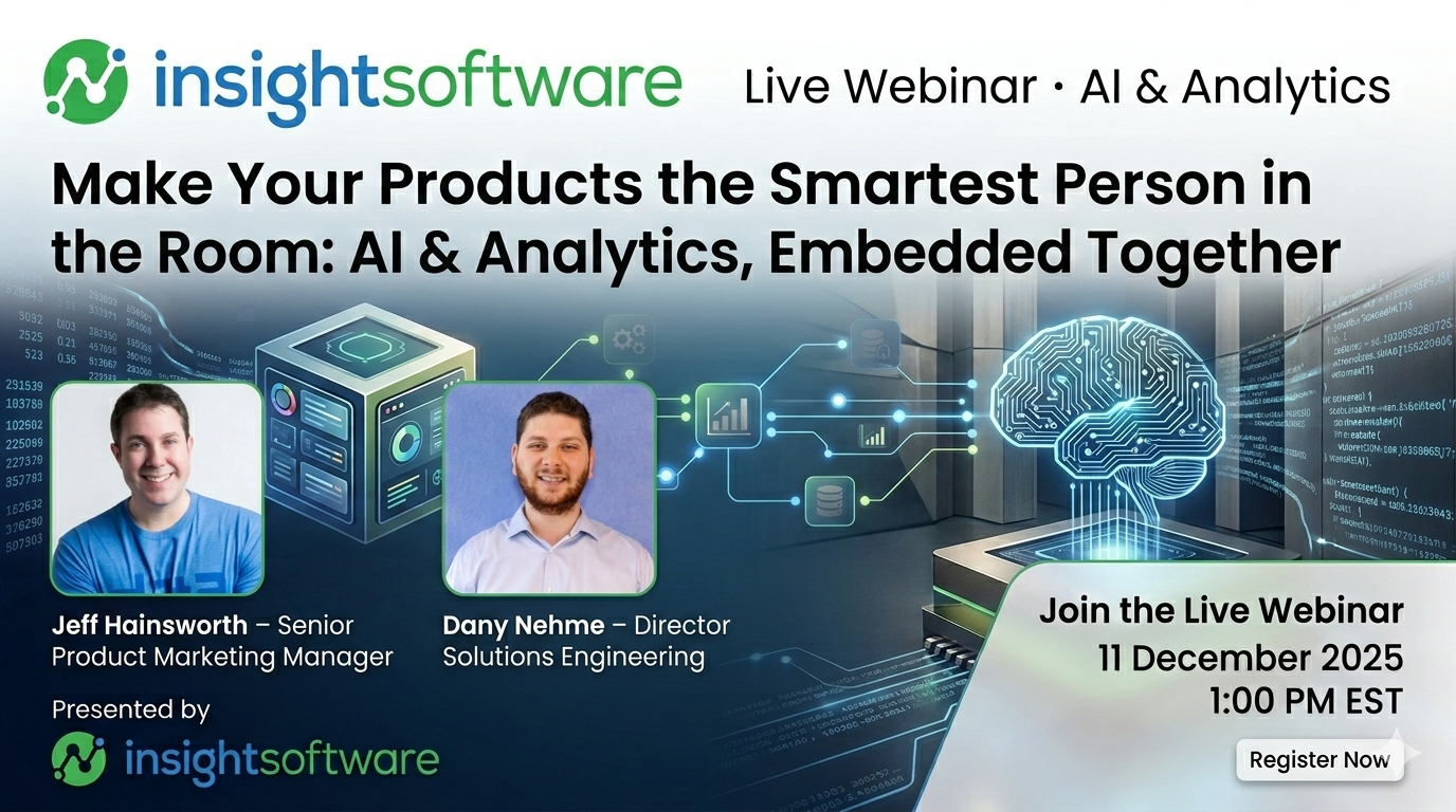 Poster for Insightsoftware live webinar on embedding AI and analytics into products, 11 December 2025 at 1 PM EST